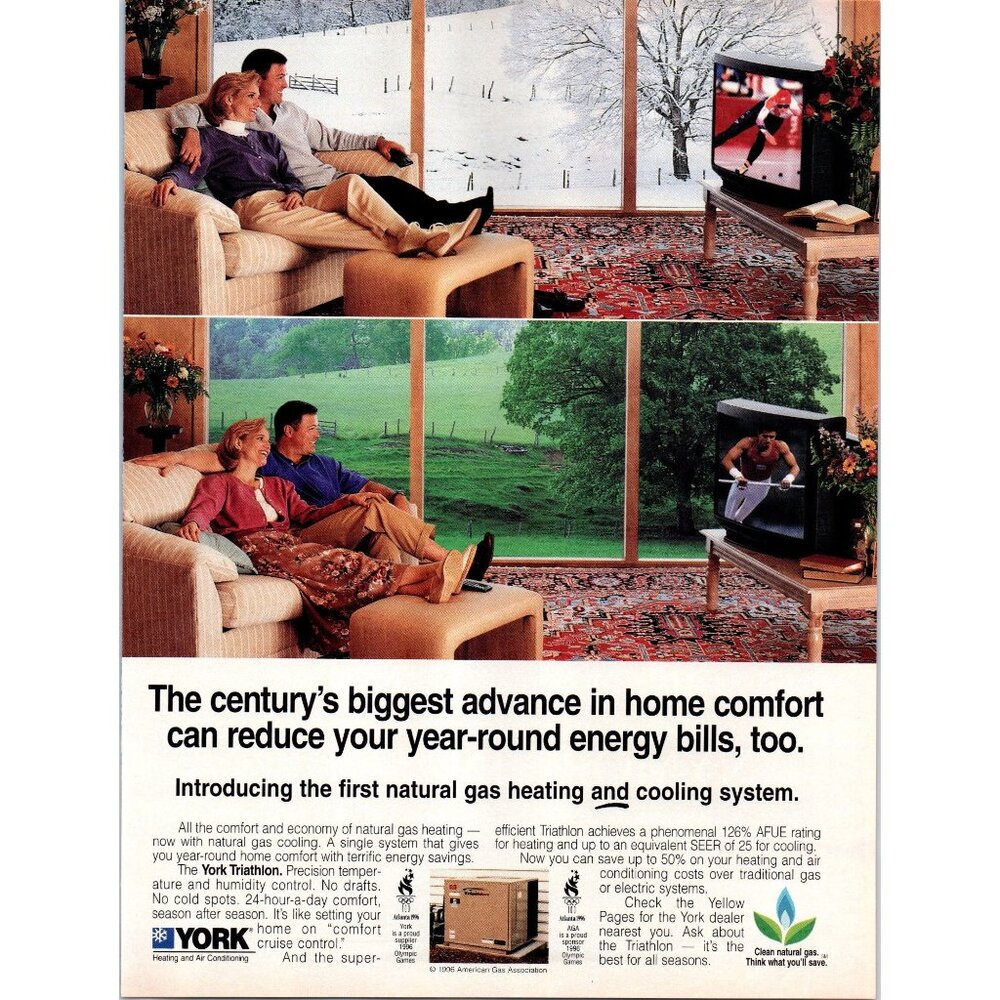 1996 York Triathlon Natural Gas Heat Pump Vintage Print Ad Couple on Couch Art